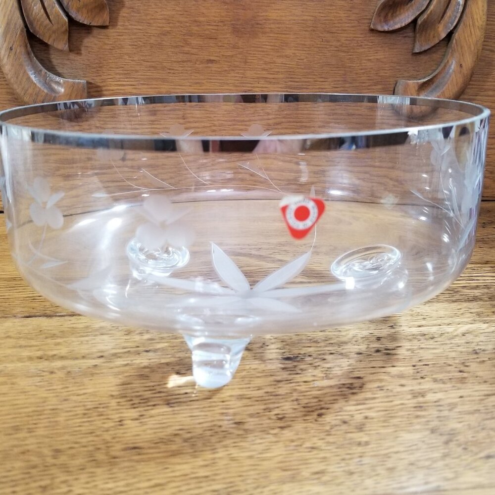 Vintage Polish Crystal Console Bowl 8.5” Platinum Rim Cut Floral 3-Footed